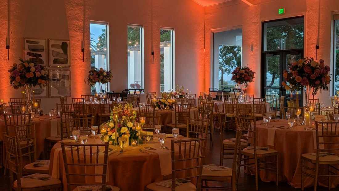 Reception hall enhanced by warm ambient lighting